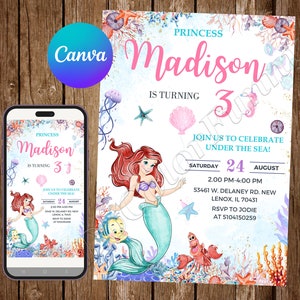 Little Mermaid Invitation Birthday Party Ariel Birthday Invitation Little Mermaid Watercolor Editable Invitation Ariel Digital Card