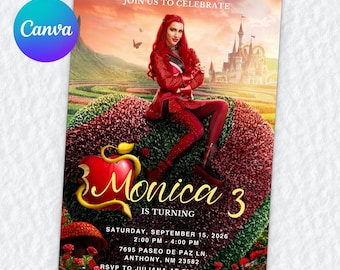 Convite de aniversário dos Descendentes, modelo editável do Canva, 3º aniversário: A Ascensão da Rainha Vermelha, Castelo do País das Maravilhas Perverso, tema de conto de fadas infantil