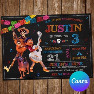 Coco 誕生日パーティー招待状 Coco 誕生日招待状 フィエスタ招待状 Coco 編集可能な招待状 Coco デジタル印刷可能カード