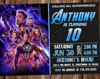 May include: A birthday party invitation featuring a collage of superheroes, with the text "Anthony is turning 10." The invitation includes the date, time, and location of the party, with a request to RSVP.
