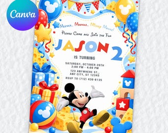 Convite de aniversário de 2 anos do Mickey Mouse, modelo editável do Canva, Hot Diggity Dog, festa Clubhouse Boy, download digital