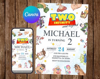 May include: A digital birthday invitation template featuring Toy Story characters, the text TWO INFINITY and beyond, MICHAEL IS TURNING 2, SATURDAY 24 AUGUST, 2:00 PM-4:00 PM, 2133 BAYFORD CT. MARIETTA, GA 30064, and RSVP TO 5104150259 on a smartphone.