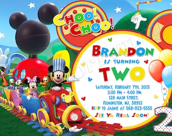 May include: A colorful birthday invitation featuring Mickey Mouse and friends riding a train. The invitation says "Choo! Choo! Brandon is turning Two" and includes details for the party, including the date, time, location, and RSVP information.