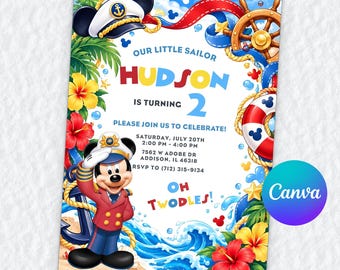 Convite de aniversário de 2 anos do Marinheiro Mickey, modelo editável do Canva, Cruzeiro Oh Twodles, Festa com Capitão Náutico, Download Digital