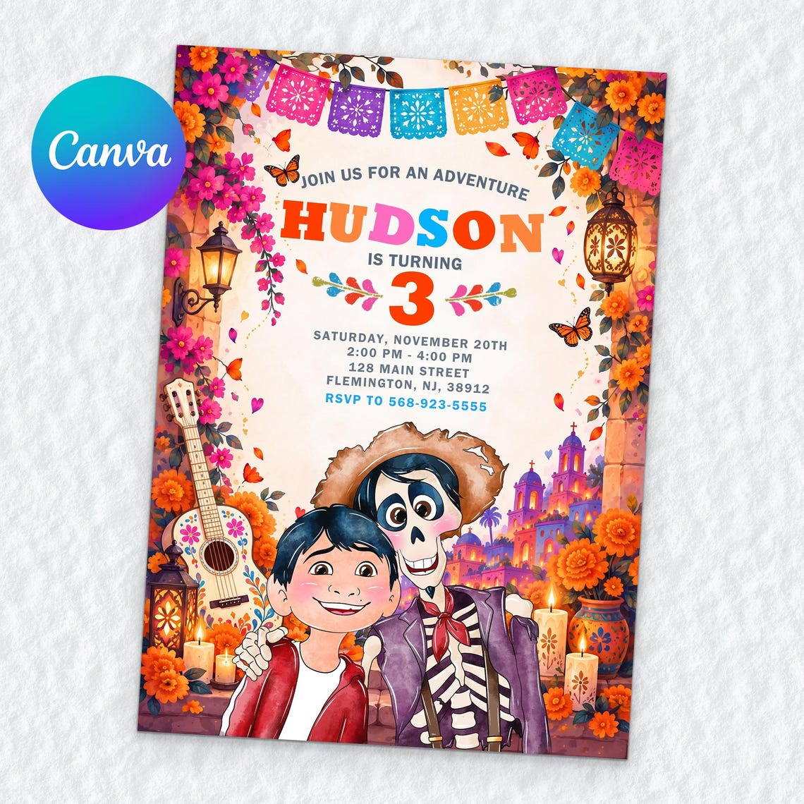 Coco 3rd Birthday Invitation, Editable Canva Template, Seize the Moment ...