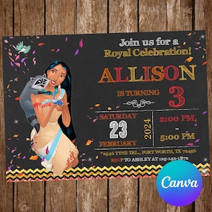 Convite Pocahontas Festa de Aniversário Convite Pocahontas Aniversário Convite Pocahontas Editável Convite Pocahontas Cartão Digital Imprimível