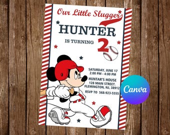 May include: A baseball-themed birthday invitation featuring Mickey Mouse in a baseball uniform holding a bat. The invitation says "Our Little Slugger Hunter is turning 2" and includes details for the party, including the date, time, location, and RSVP information.