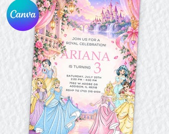 Convite de aniversário de 3 anos com tema de princesa, modelo editável no Canva, celebração real, festa da Cinderela e Bela, download digital.