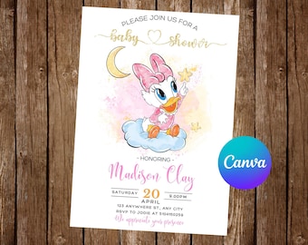 Convite para Chá de Bebê da Patinha Margarida, Modelo Editável no Canva, Aquarela Rosa e Dourada, Nuvem com Estrelas Cintilantes, Download Digital para Menina