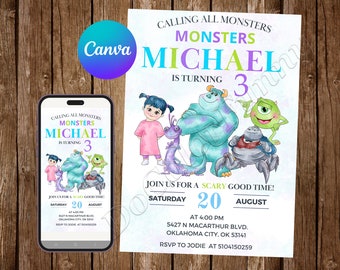May include: A blue and green birthday invitation for a child turning three. The invitation features characters from the movie Monsters Inc. The text on the invitation reads "Calling all monsters, Monsters Michael is turning 3. Join us for a scary good time! Saturday, August 20th at 4:00 PM, 5427 N MacArthur Blvd, Oklahoma City, OK 53141. RSVP to Jodie at 5104150259."