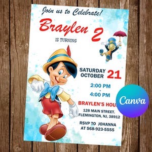 Pinocchio Invitation Birthday Party Pinocchio Birthday Invitation Jiminy Cricket Pinocchio Editable Invitation Digital Card