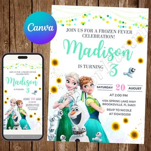 Puede incluir: Invitación a una fiesta de cumpleaños de Frozen Fever con un fondo azul y verde con Elsa y Anna de la película Frozen. La invitación dice "¡Únete a nosotros para una celebración de Frozen Fever! Madison cumple 3 años. Sábado, 20 de agosto a las 2:00 PM. 4184 Spring Lake Hwy Brooksville, FL 34601. RSVP a Nicole al 5104150259."