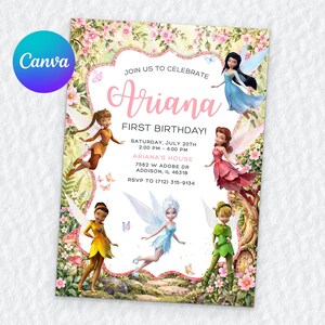 May include: A rectangular birthday invitation card featuring five fairies in colorful outfits surrounded by pink flowers and greenery. The text reads: JOIN US TO CELEBRATE Ariana FIRST BIRTHDAY! SATURDAY, JULY 20TH 2:00 PM - 4:00 PM ARIANA'S HOUSE 7562 W ADOBE DR ADDISON, IL 46318 RSVP TO (712) 315-9134.
