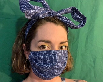 Matching Face Mask and Moldable Wire Headband Set - BIG BOW in Tiny Blue Polka Dot Print with Wire Nose Piece and Filter Pocket Options