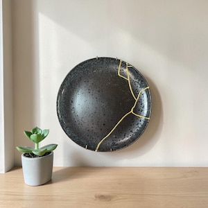 Kintsugi Repaired Plate 9” Hotel Collection Portugal Black Speckled Wall Art Gold Repair Ceramic Dish Wabi Sabi Decor