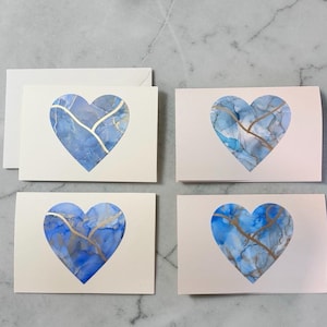 Kintsugi Inspired Card Set | Alcohol Ink Heart Cards with Gold Detail | Encouragement, Sympathy, Thinking of You | Artisan Stationery