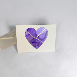 Kintsugi Heart Card | Unique Sympathy & Encouragement Card | Alcohol Ink Art with Gold | Artisan Stationery | Purple Violet