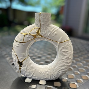 Jarrón Kintsugi, Cerámica rota, Arte japonés, Decoración del hogar Wabi Sabi, Jarrón de rosquilla, Arte japonés