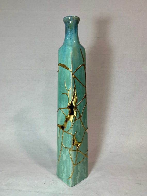 Kintsugi Vase Tall Wabi Sabi Mended Gold Ceramic Etsy