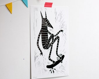 El skateboarding snark A4 lino print