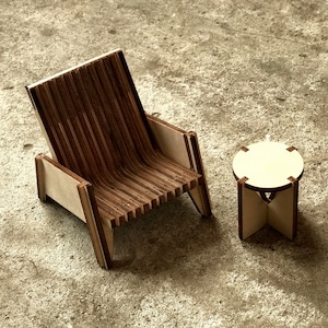 1:6 Miniature Lounge chair & Stool, Dollhouse Furniture