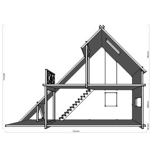 May include: A black and white line drawing of a dollhouse with two floors. The dollhouse is 711 mm wide, 497 mm tall, and 281 mm deep. The dollhouse has a staircase leading to the second floor, a window on the second floor, and a door on the first floor.