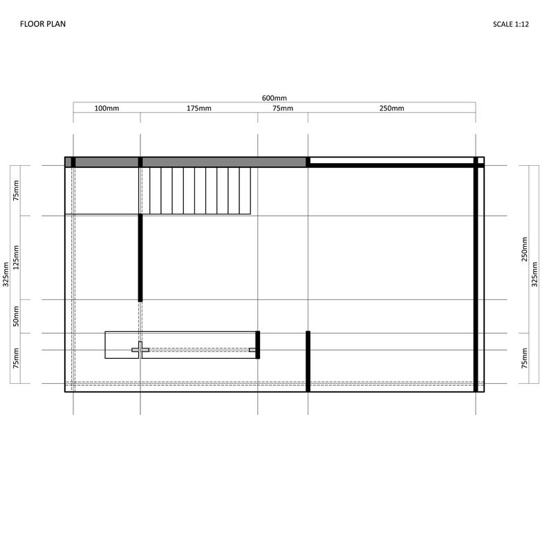 May include: A black and white floor plan with measurements in inches. The plan shows a rectangular room with a doorway, a window, and a staircase.