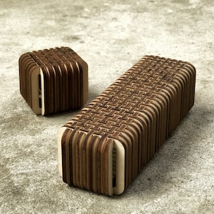 Banco y puf de madera en miniatura para tejer (escala 1:12), muebles para casa de muñecas.
