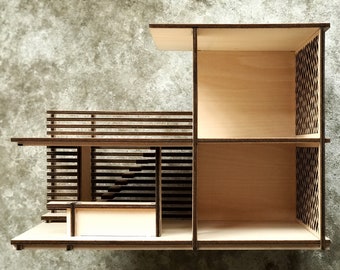 Linear House, 1:12 Architectural Model Kit, Basswood, Glue-Free Assembly, Modern Dollhouse, Minimalist Decor