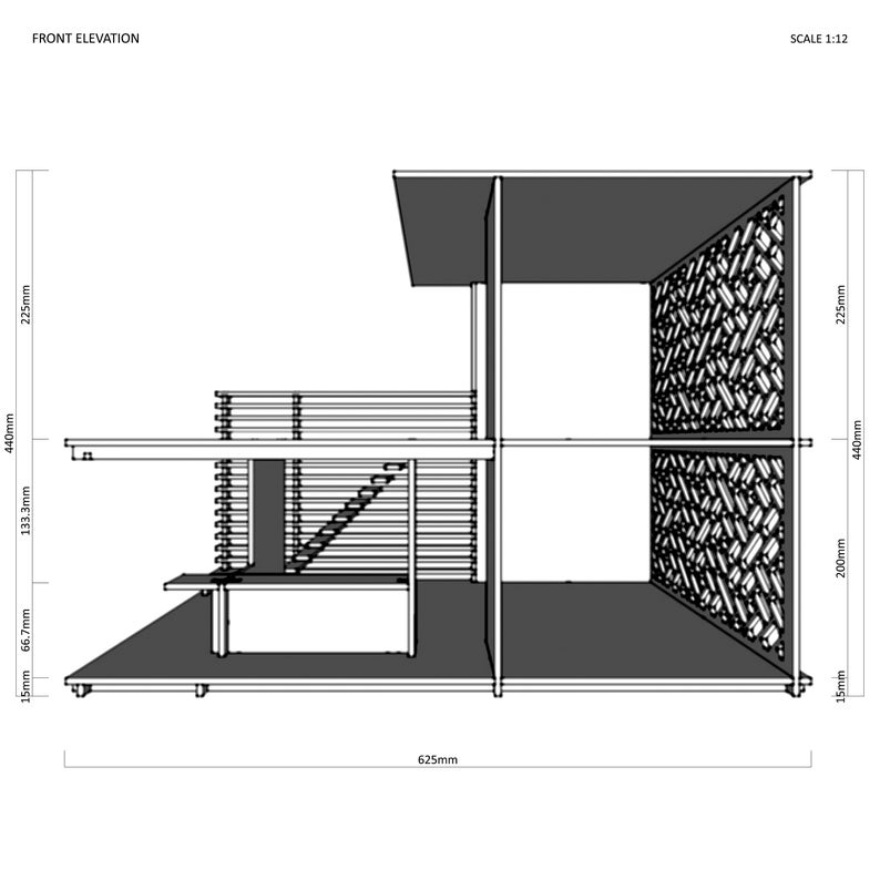 May include: A black and white line drawing of a house with a front elevation view. The house has a flat roof, a balcony, and a staircase. The house is 625 mm wide, 440 mm high, and 225 mm deep. The drawing includes measurements in millimeters.