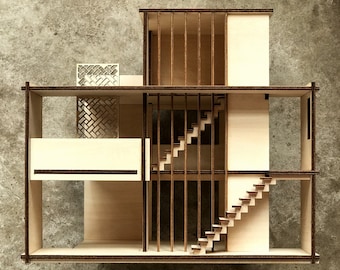 Casa de doble capa, kit de maqueta arquitectónica a escala 1:24, madera de tilo, montaje sin pegamento, casa de muñecas moderna, decoración minimalista.