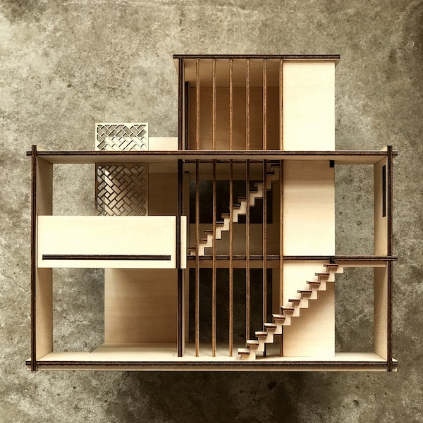 Casa de doble capa, kit de maqueta arquitectónica a escala 1:24, madera de tilo, montaje sin pegamento, casa de muñecas moderna, decoración minimalista.