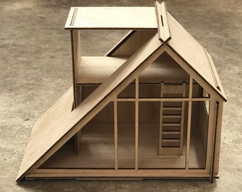 Cabin Type01, Architectural Model Kit, 1:24 Scale Basswood, Glue-Free Assembly, Modern Dollhouse, Minimalist Decor