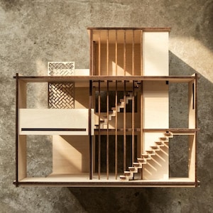 Double Layer House, 1:48 Architectural Model Kit, Basswood, Glue-Free Assembly, Modern Dollhouse, Minimalist Decor