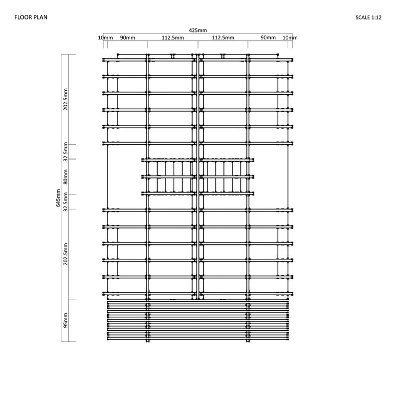 Puede incluir: Un plano de planta en blanco y negro de un edificio. El plano muestra una serie de habitaciones rectangulares con dimensiones etiquetadas en mil&iacute;metros. El plano est&aacute; etiquetado como "FLOOR PLAN" y "SCALE 1:12".