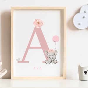 Impresión inicial rosa, Impresión de guardería rosa ruborizada, Impresión personalizada de elefante, Arte de letras de guardería, Decoración de habitaciones para niñas, Decoración de guardería, Arte de pared para niños