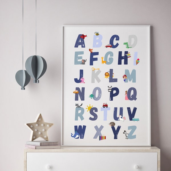 Blue Alphabet Print | Blue Alphabet Poster | Kids Nursery Print | Kids Room Decor | Kids Wall Art | First Day of School Gift | Letters Print