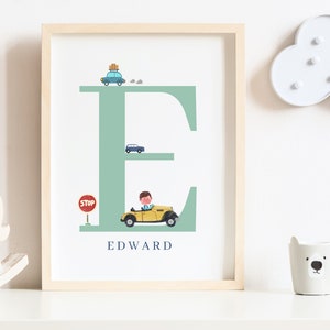 Car Nursery Print, Racing Car Personalised Print, Nursery Initial Print, Kids Room Wall Decor, Classic Car Wall Art, Baby Boy Birthday Gift