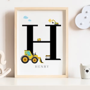 Impresión personalizada de camiones de construcción - Arte de pared con nombre personalizado para pequeños constructores - Decoración de excavadoras y bulldozers - Arte de vivero de construcción