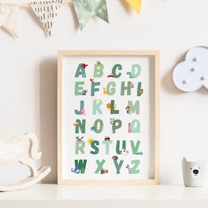 Green alphabet print, Green alphabet poster, Alphabet nursery print, Alphabet kids poster, Kids room decor, Wall art, Nursery decor