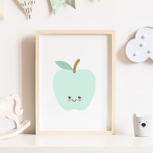 Apple nursery print, Pastel fruit prints, Fruits kids prints, Nursery decor, Kids room decor, Kids wall art, Playroom decor, Kids art print