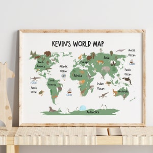 Animal World Map Print | Personalised Kids World Map | Safari Nursery Prints | Playroom World Map | World Map Christmas Gift