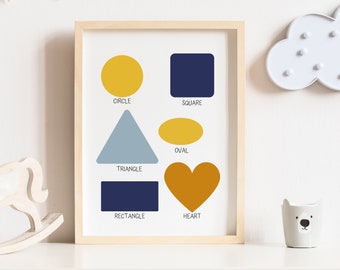Blue and mustard shapes print, Blue shapes print, Shapes print, Nursery decor, Educational prints, Kids room decor, Kids wall art, Print art