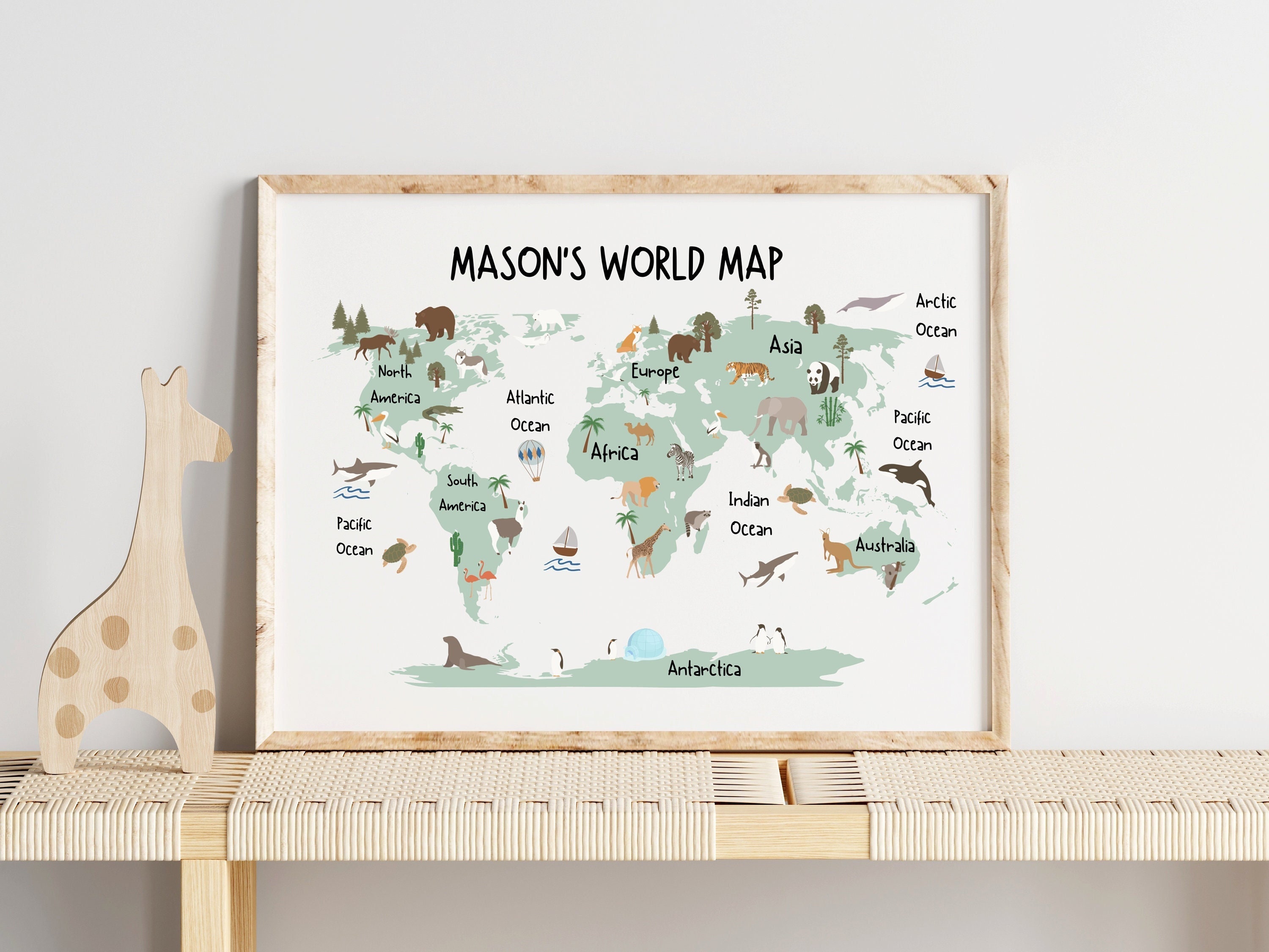 Kids Animal World Map Print | Educational Nursery Wall Art (digital ...