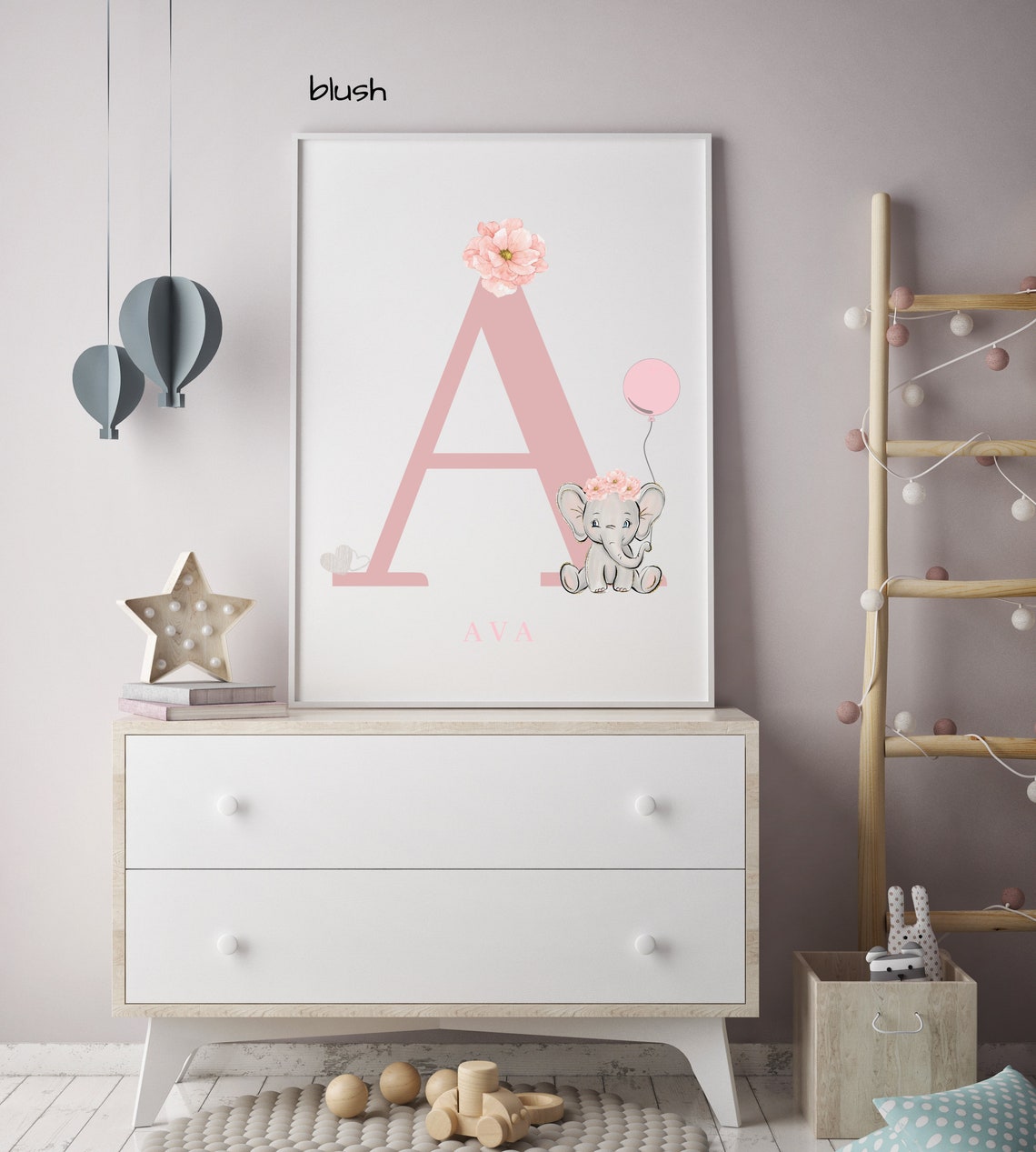 Pink Initial Print Blush Pink Nursery Print Elephant Etsy UK