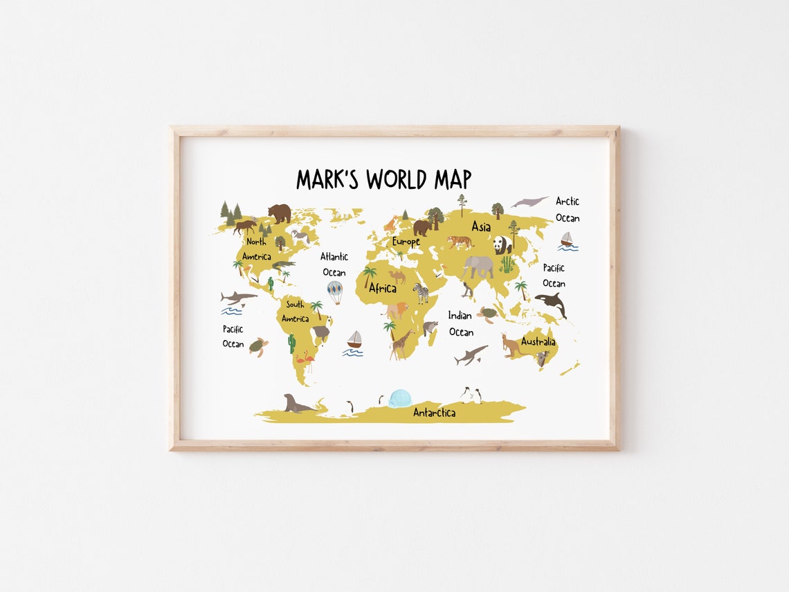 Kids Animal World Map Print | Educational Nursery Wall Art (digital ...