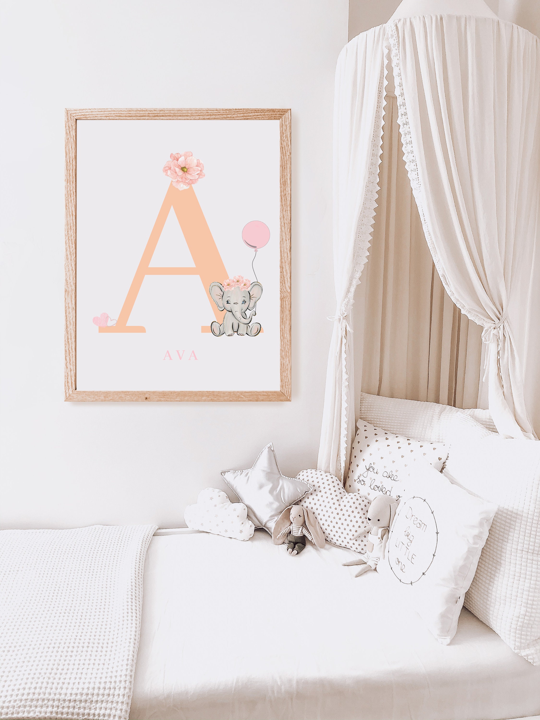 Pink Initial Print Blush Pink Nursery Print Elephant Etsy UK
