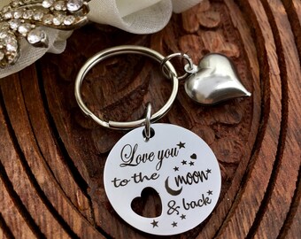 Love You to the Moon Back Key Chain With Puffy Heart Charm