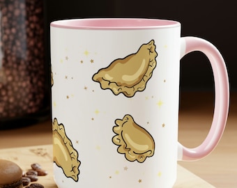 Pierogi and Stars Two-Tone Coffee Mugs, 15oz Polish Gift Empanada Dumpling Retro Ceramic Pink