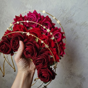 Red Rose Halo Crown with Flowers and Stars Floral Gold Headband Irish Gift Princess Celestial Hot Pink & Maroon